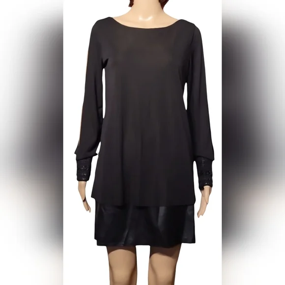 Bailey 44 Mini Layered Sheath Dress Long Sleeves Vegan Leather / Sz S / Black - Picture 4 of 16